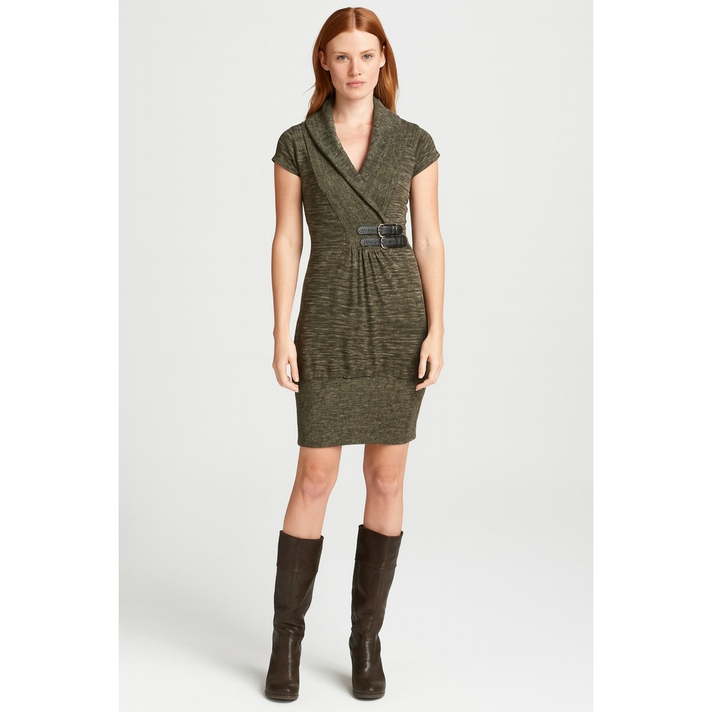 Women's Short Sleeve Sweater Dress Cowl Neck Military Buckle Waist Olive Green M